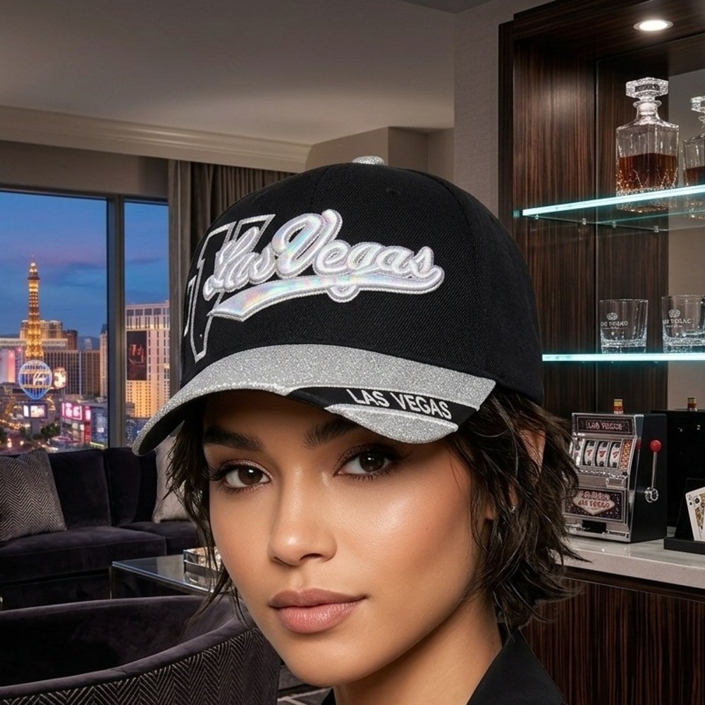 Banana Expression Las‎ Vegas Baseball Cap Black Silver Glitter Souvenir Hat